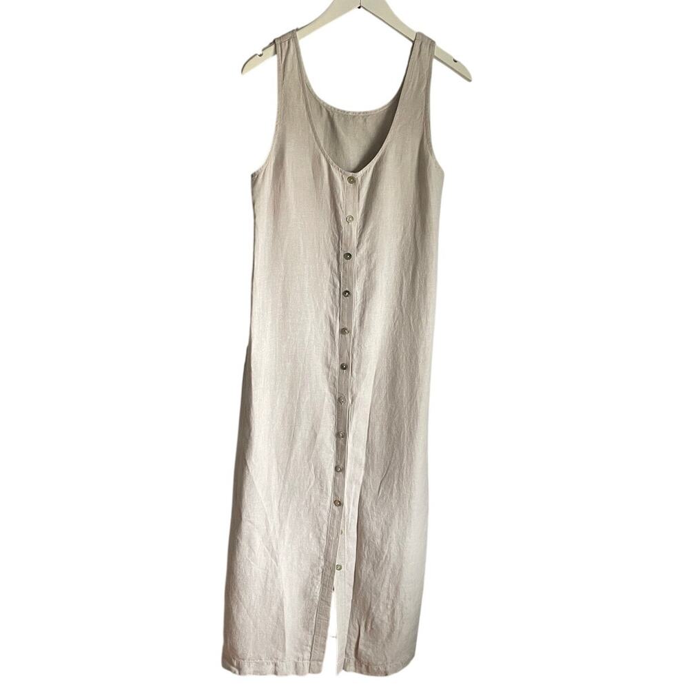 Beige Linen Midi Dress Women XS Capsule Minimalist Lagenlook Button Down Beachy